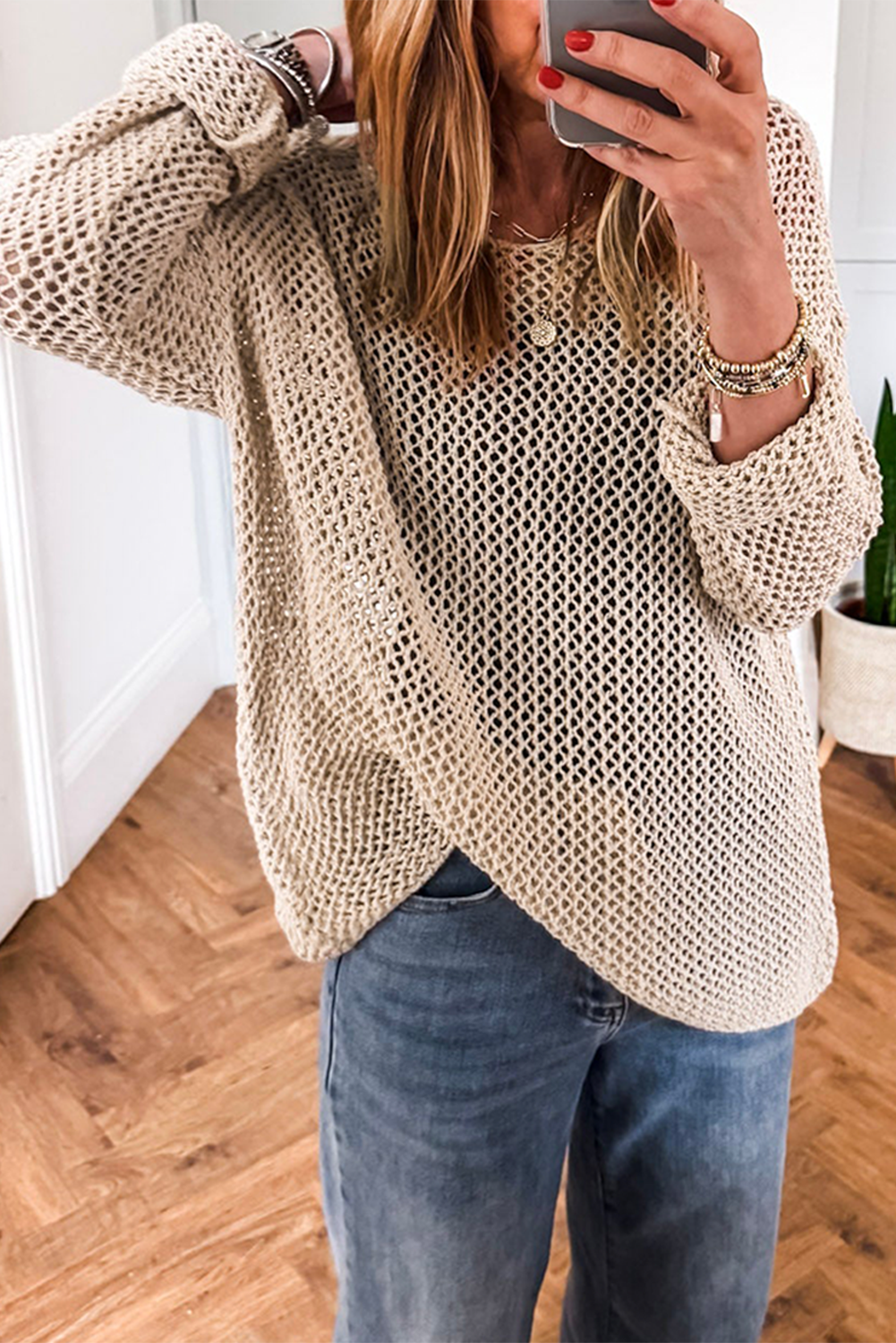 Smoke Gray Crochet Hollow-out Jumper Top Sweater