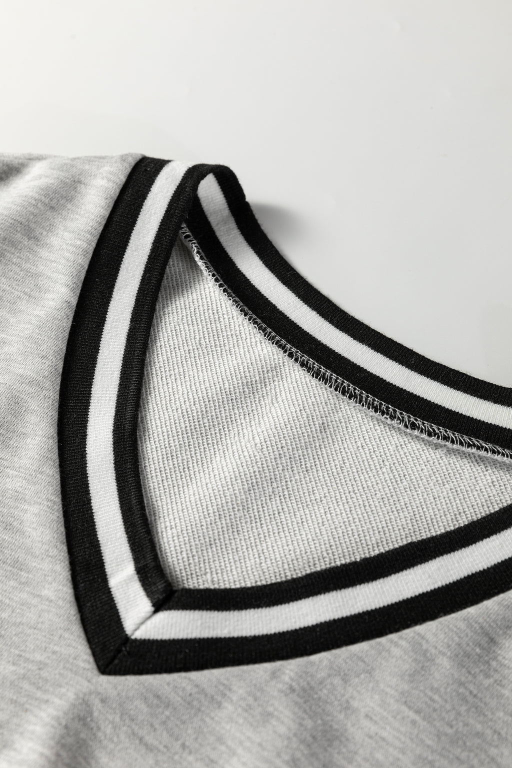 Light Grey Striped Trim V Neck Long Sleeve Preppy T Shirt Dress