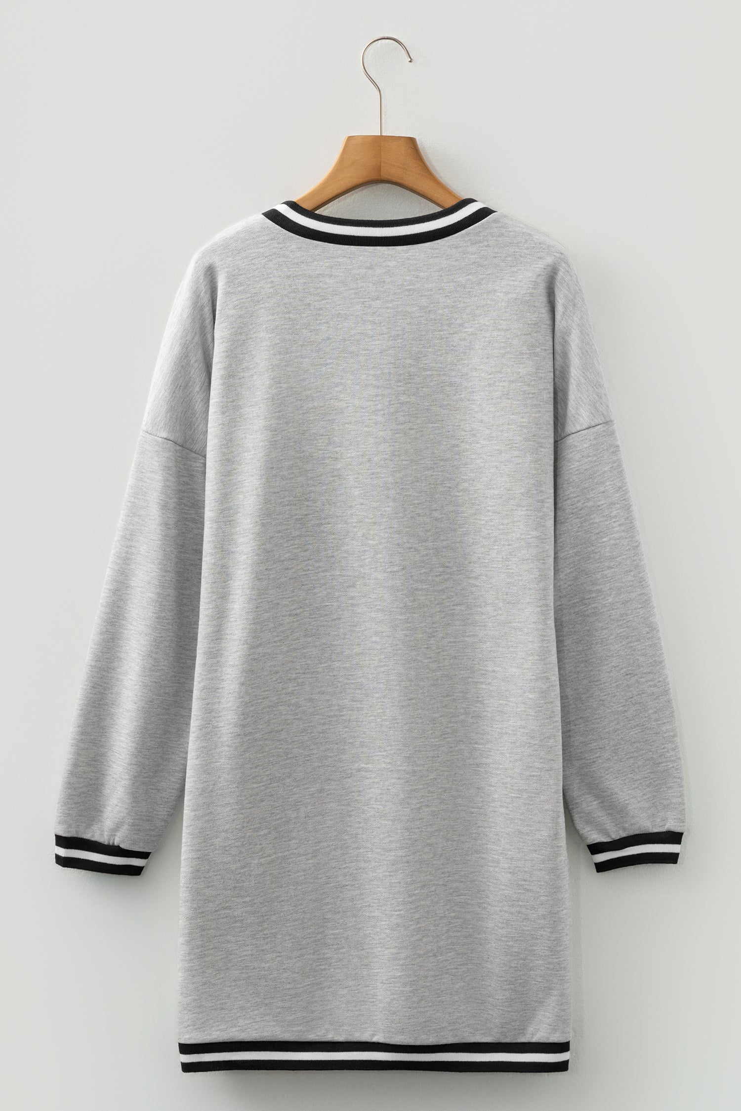 Light Grey Striped Trim V Neck Long Sleeve Preppy T Shirt Dress