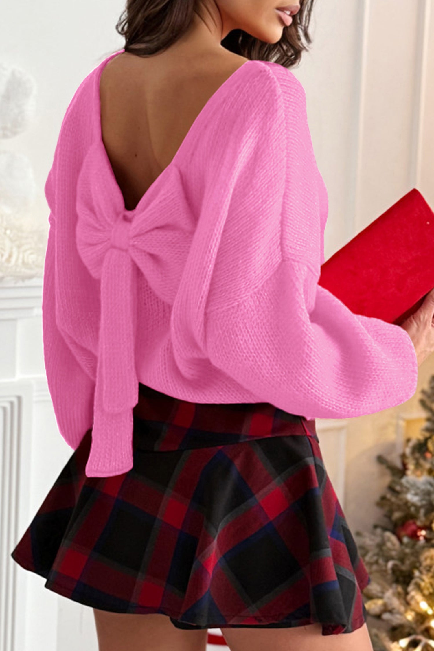 Black Bow Backless Bubble Sleeve Sweater