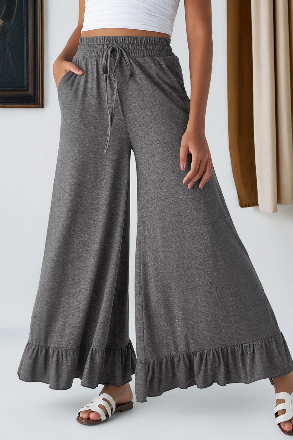 Black Ruffled Wide Leg Pull On High Waist Pants with Pockets