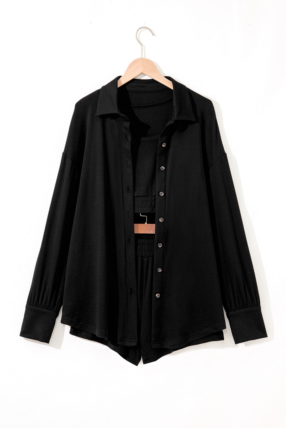 Black 3 Pcs Crop Tank Top Shorts with Cardigan Lounge Set